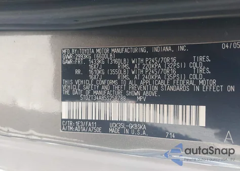 2005 Toyota Sequoia Sr5 V8 из США, поврежденный, VIN 5TDZT34A85S258788